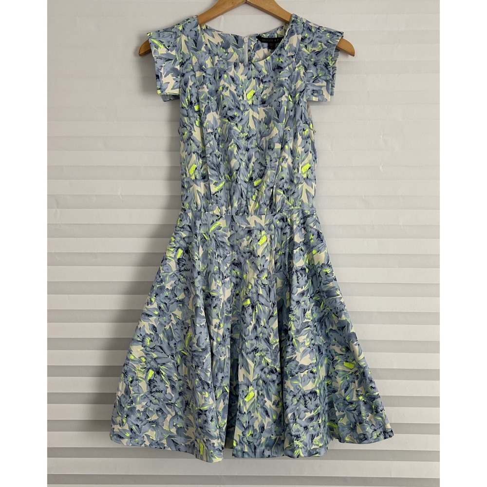 Felicity & Coco Blue Grey Neon‎ Yellow Floral Fit and Flare Dress Small